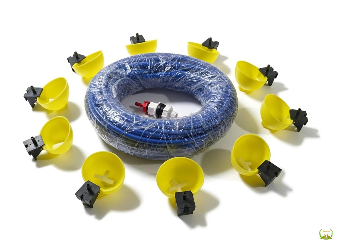 Durable pigeon water drinker with tube set for clean, automatic water supply. Ideal for pigeons, hens & small birds.